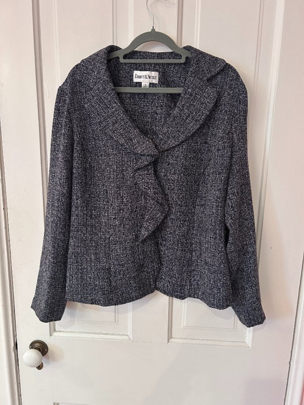 Danny & Nicole Navy Tweed Look Ruffle Front Jacket Cascade Collar Size 14